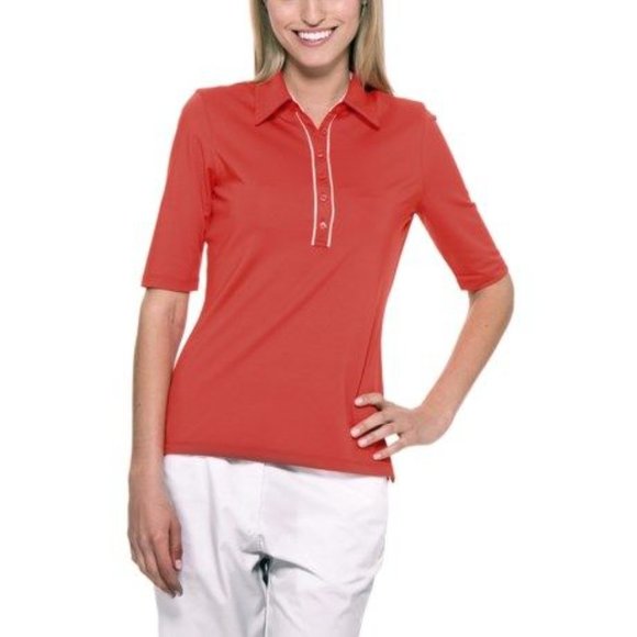 CALLAWAY Women's Red Stretch UPF 15+ Elbow Sleeve Golf Polo Shirt sz S - Picture 1 of 8